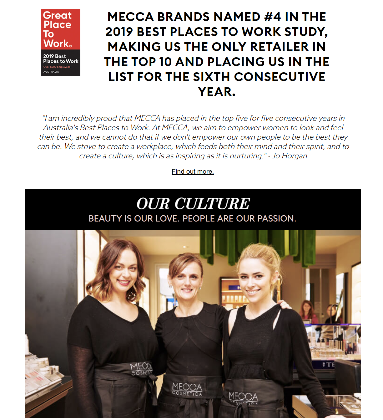 Archived MECCA webpage capture describing a 2019 Best Places to Work ranking and workplace culture