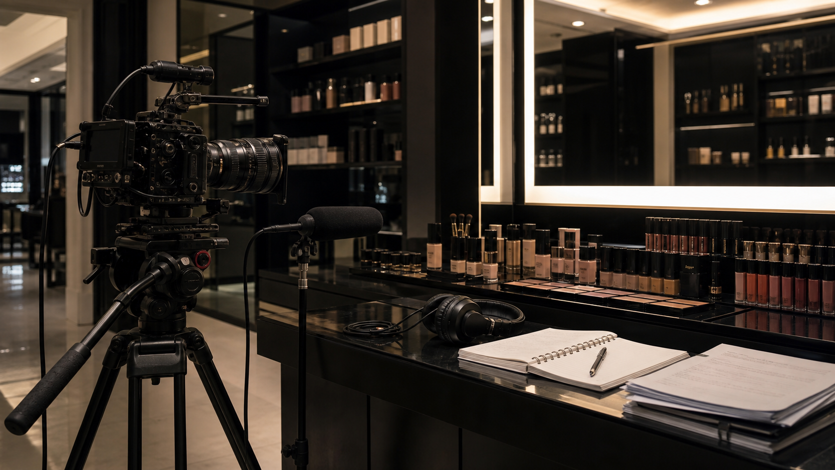 Documentary camera and interview microphone arranged at an unbranded premium beauty counter