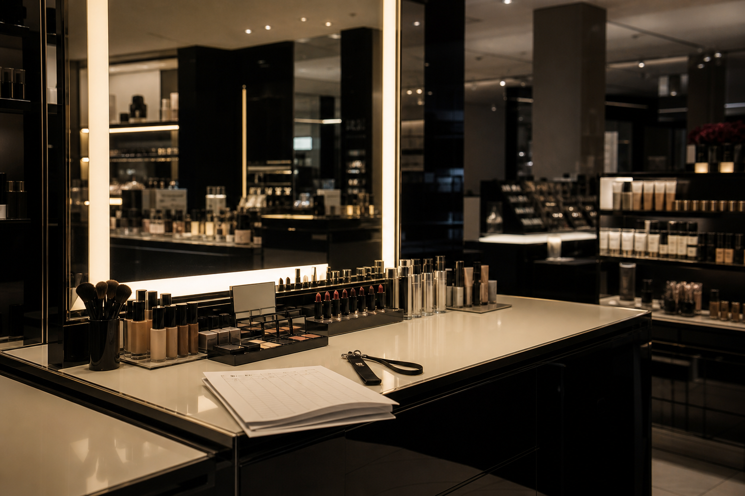 An unbranded premium beauty counter after closing, with a blank shift roster and employee lanyard